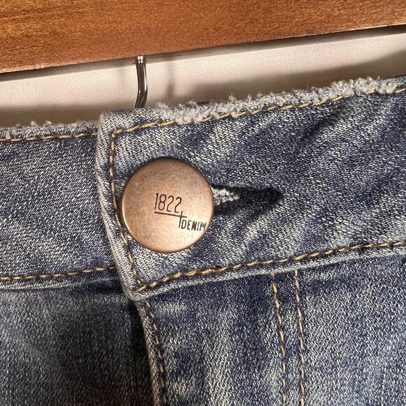 1822 Denim Womens Mini Denim Jean Skirt Medium Blue Distressed Ripped Grunge - Picture 6 of 12